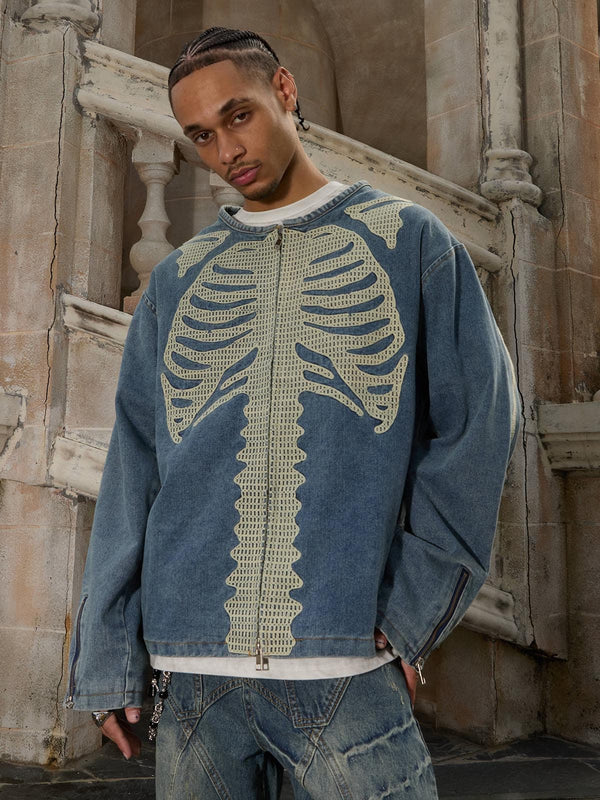 Heavy Bone Embroidered Washed Denim Jacket