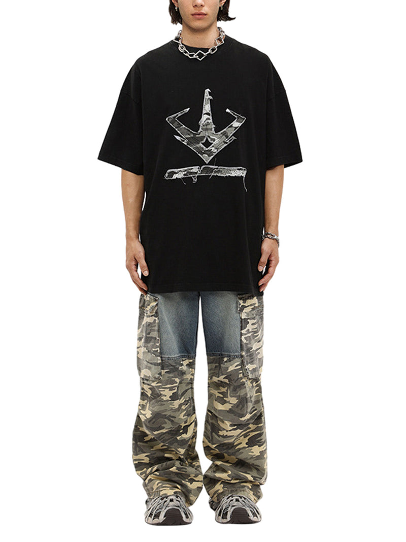 Drawstring Washed Camouflage Cargo Jeans