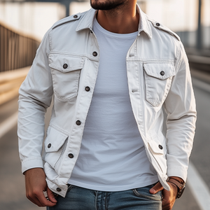 Chaqueta clásica informal de trabajo para hombre, lavada, con múltiples bolsillos y charreteras