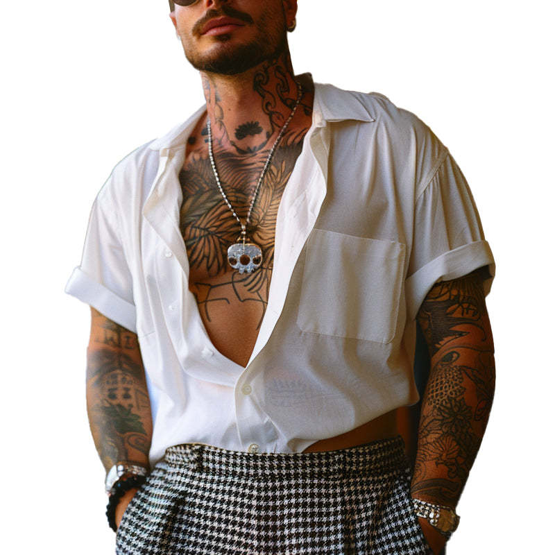 Camisa de manga corta con solapa de algodón liso para hombre