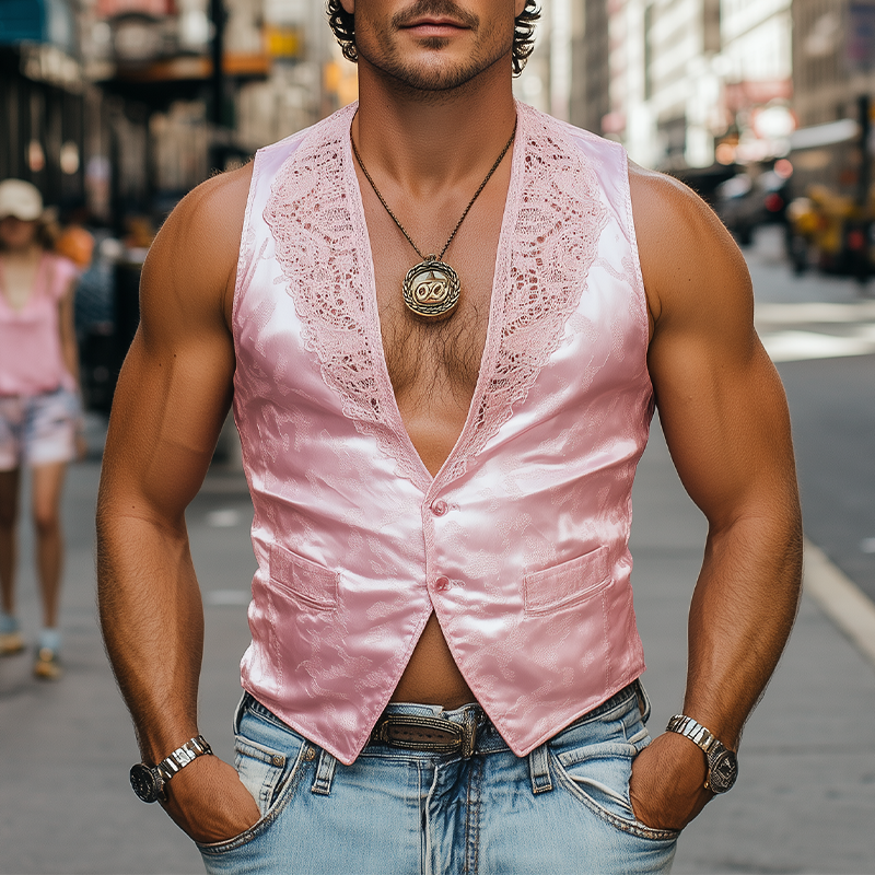 Herren Frühlingsmode Retro Spitze Spleißen Jacquard Satin Slim Weste
