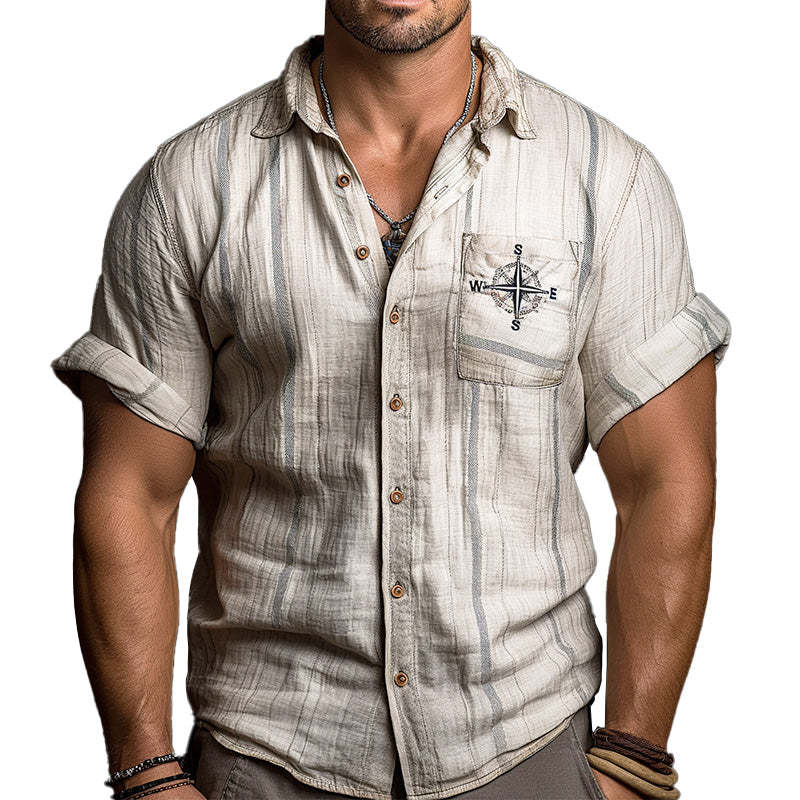 Men's Compass Embroidered Light Linen Shirt