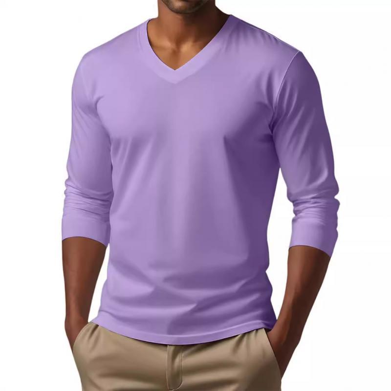 Camiseta informal de manga larga ajustada de algodón mezclado con cuello en V para hombre