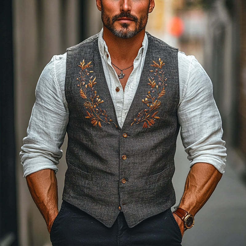 Men's Floral Embroidered V-neck Vest