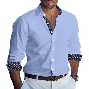 Camisa de manga larga con solapa y estampado de bloques de color para hombre