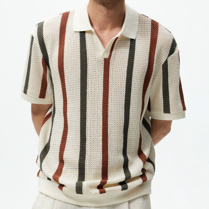 THICK NEEDLE HOLLOWED OUT STRIPED CONTRASTING WOOLEN CASUAL POLO SHIRT