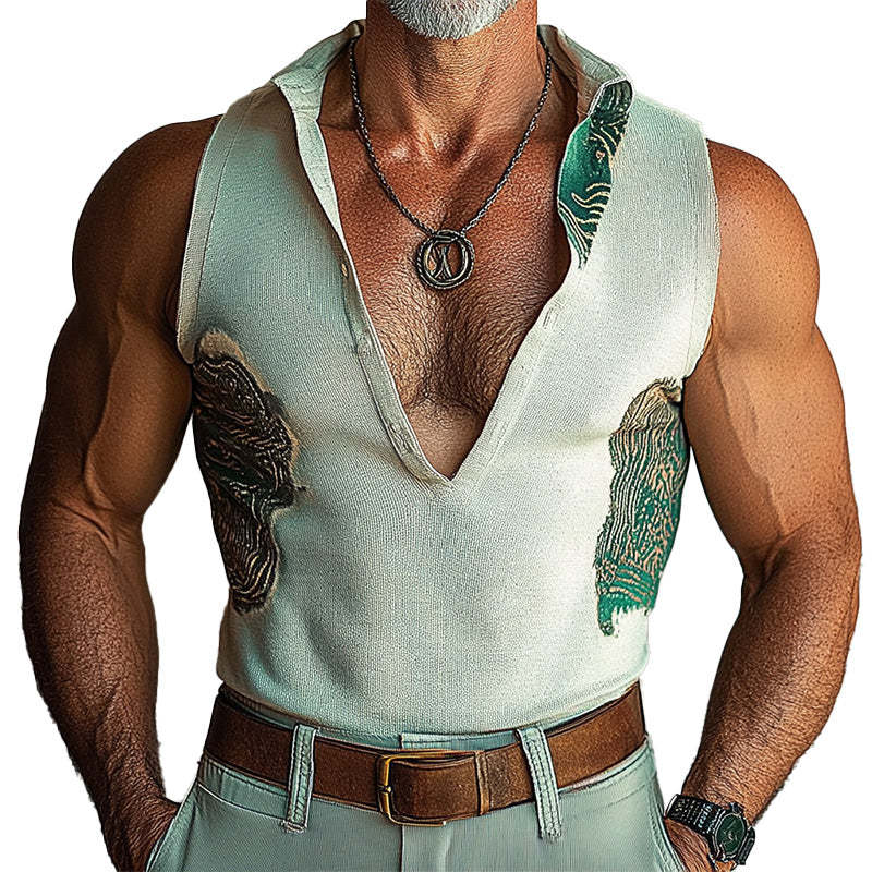 Men's Deep V Stand Collar Printed Vest