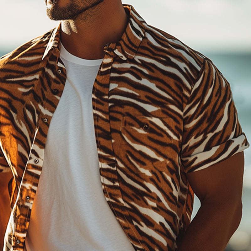 Herren Sommer Retro Tiger Print Lässiges Kurzarmhemd