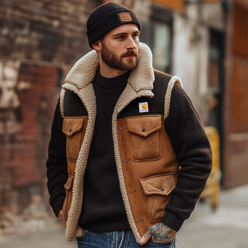 Men's Outdoor Vintage Lamb Wool Multi Pocket Splicing Suede Vest Jacket