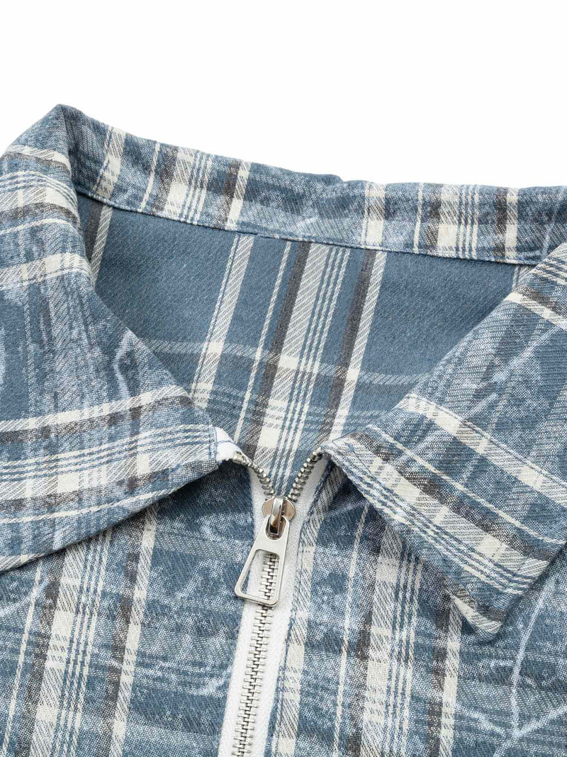 Lettering Print Raw Edge Plaid Shirt