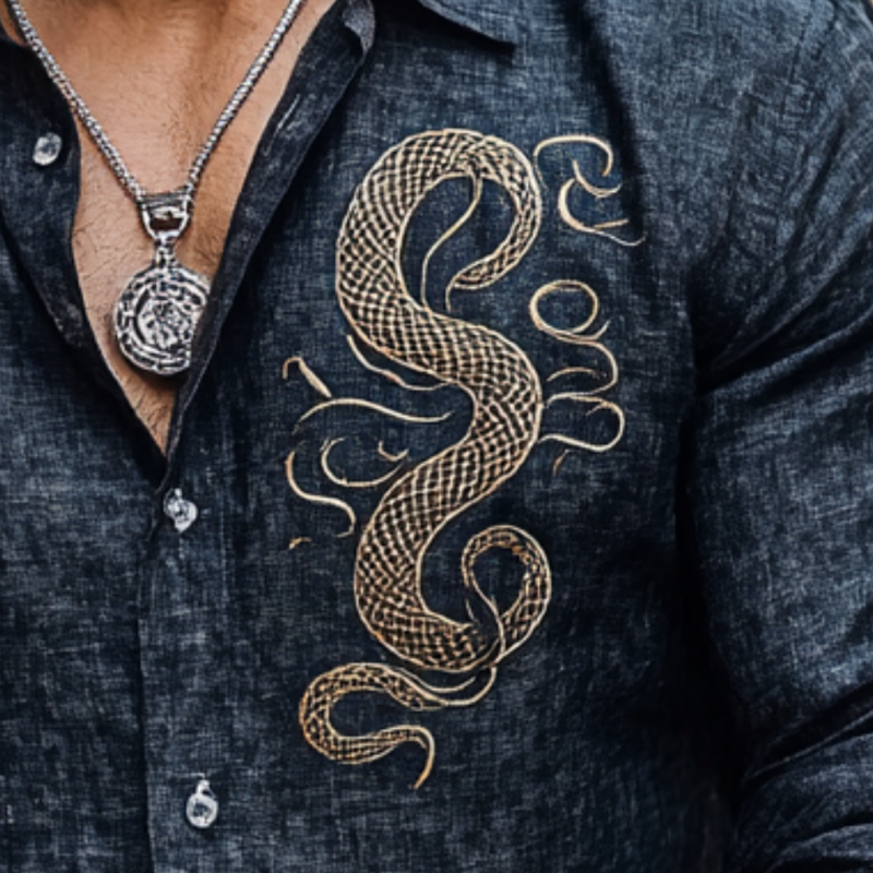 Camisa informal de lino con bordado de serpiente y solapa ajustada de manga larga para hombre