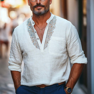 Camiseta vintage de algodón y lino con bordado y cuello en V profundo para hombre