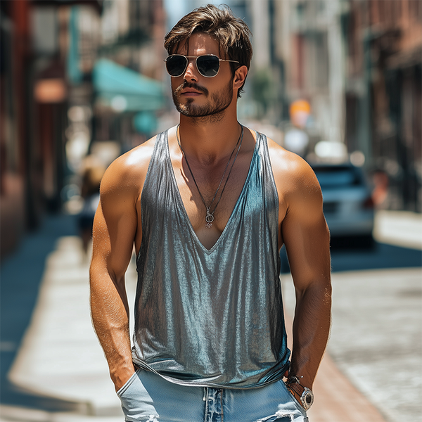 Camiseta sin mangas de algodón y seda con escote en V profundo para hombre, moda de primavera y verano