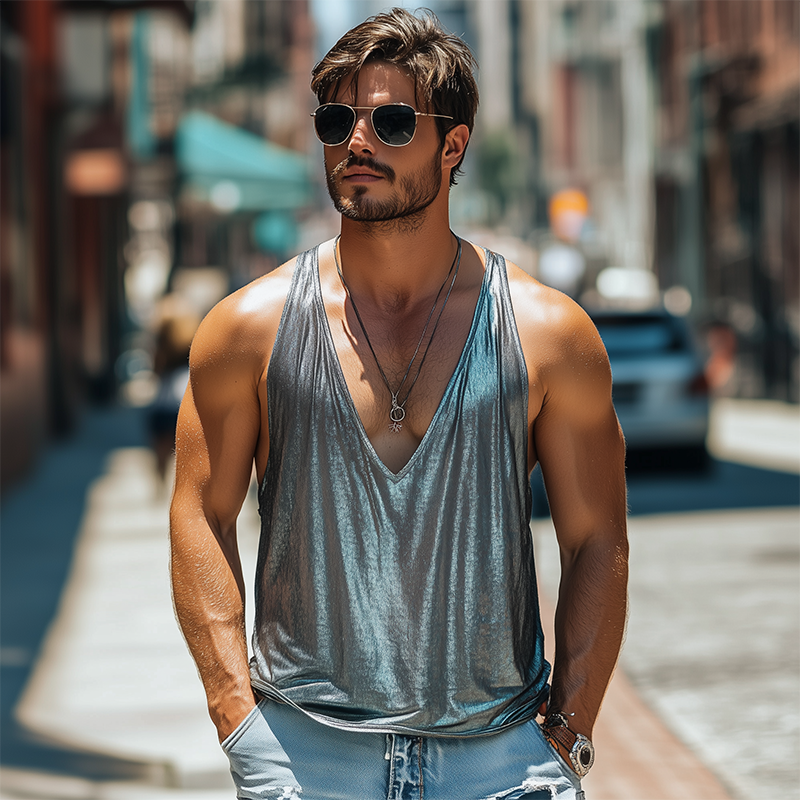 Camiseta sin mangas de algodón y seda con escote en V profundo para hombre, moda de primavera y verano