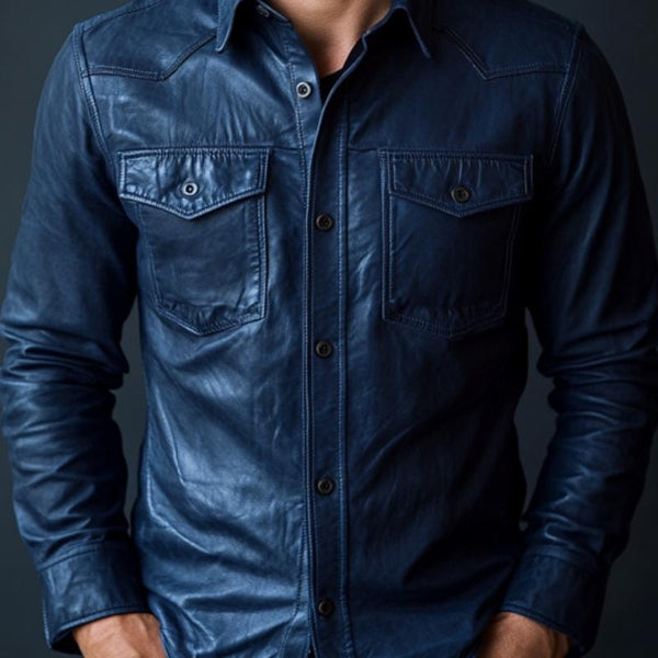 Camisa elegante de cuero de manga larga con solapa azul oscuro para hombre