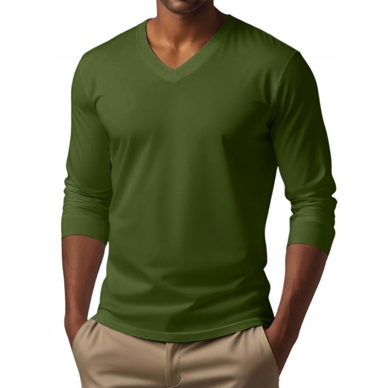 Camiseta informal de manga larga ajustada de algodón mezclado con cuello en V para hombre
