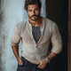 Men's Waffle Button Crew Neck Pullover Long Sleeve T-Shirt