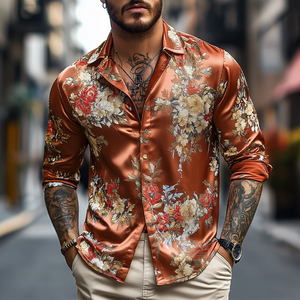Men's Spring And Summer Fashionable Retro Printed Satin Long Sleeve Shirt