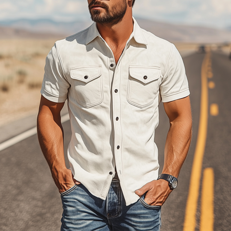 Herren Frühlingsmode Casual Slim Fit Multi-Pocket Dünnes Wildleder Kurzarmhemd