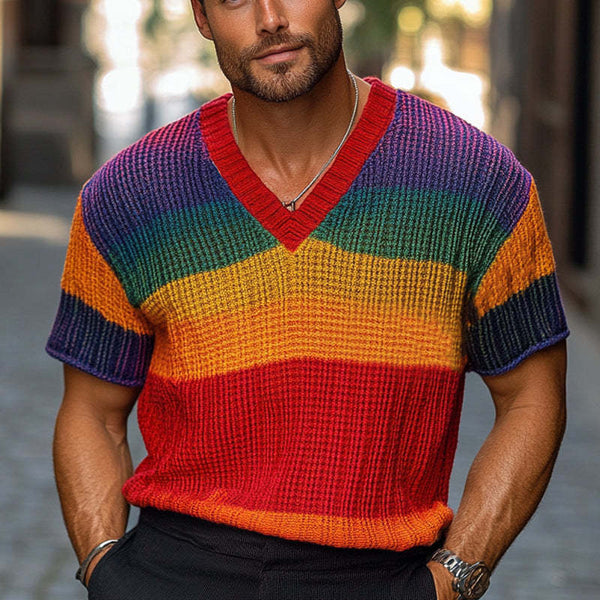 Camiseta de punto de manga corta con rayas arcoíris para hombre 