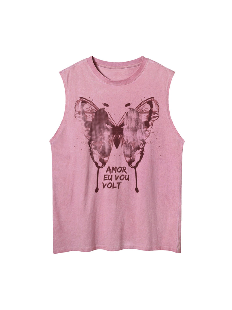 Washed Distressed Butterfly Print Vest