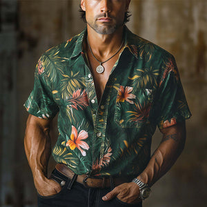 Men's Spring Retro Printed Cotton And Linen Short Sleeve Casual Sports Shirt