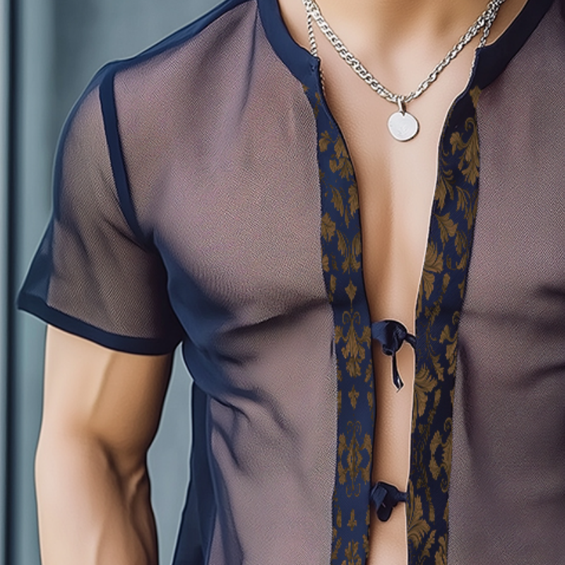 Men's Retro Casual Baroque Print Mesh Tie Short Sleeve Shirt