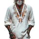 Camiseta vintage informal de algodón con cuello en V y manga larga bordada para hombre