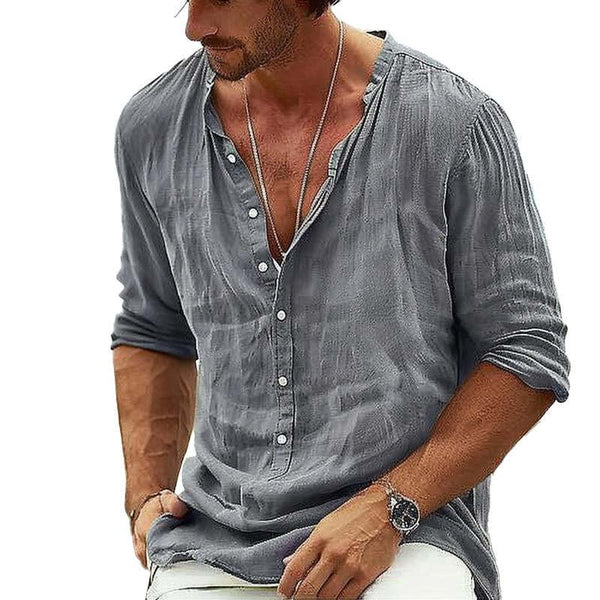 Camisa informal de algodón y lino con cuello alto y manga larga para hombre
