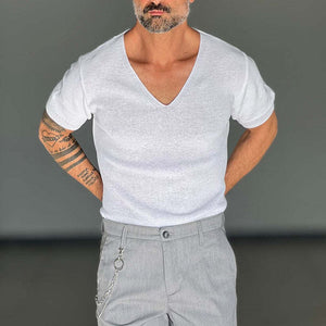 Men's Solid Color V-Neck Short Sleeve Knitted T-Shirt