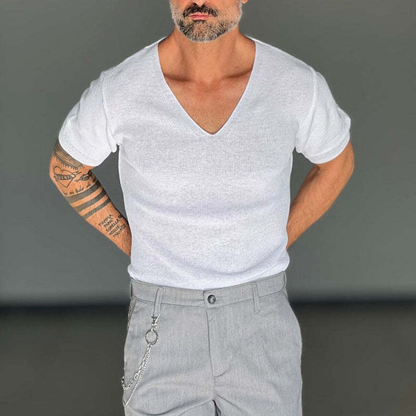 Camiseta de punto de manga corta con cuello en V y color liso para hombre