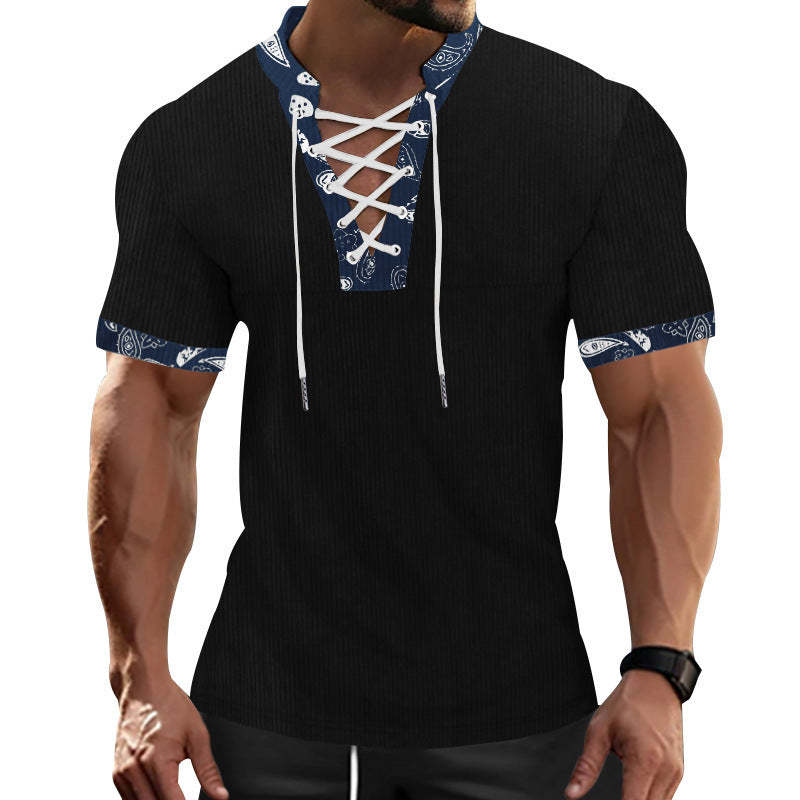 Lässiges, kurzärmliges T-Shirt mit Kontrastfarbe und Schnürung für Herren