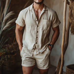 Men's Casual Linen Lapel Short Sleeve Shirt Elastic Waist Shorts Set