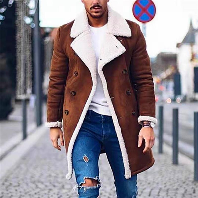 Herren Vintage Wildleder Polar Fleece Warmer Zweireiher Mantel mit Revers