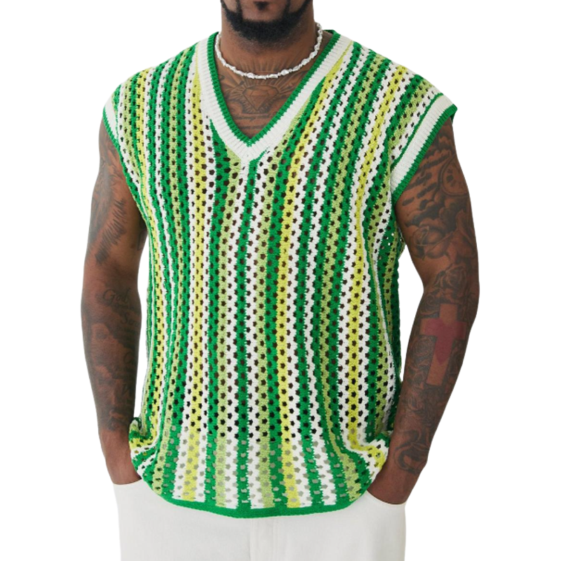 Herren Sommermode Freizeit Urlaub V-Ausschnitt Hohl Gestricktes Tank Top
