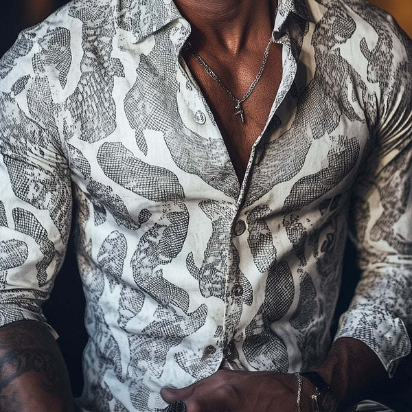 Men's Spring Fashion Snake Print Long Sleeve Shirt