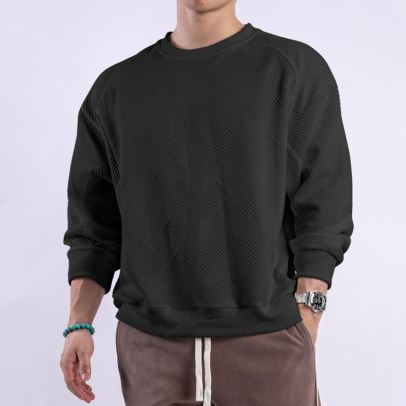 Camiseta de manga larga con cuello redondo y textura de color liso para hombre