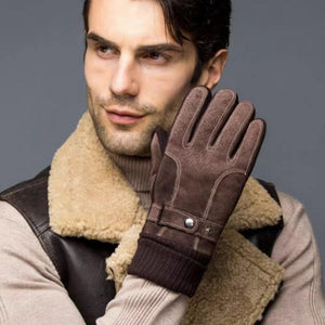 Guantes de piel de cerdo gruesos y cálidos para pantalla táctil de terciopelo y algodón para hombre, otoño e invierno