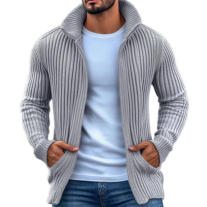 Men's Fashion Stand Collar Solid Striped Long Sleeve Knit Cardigan