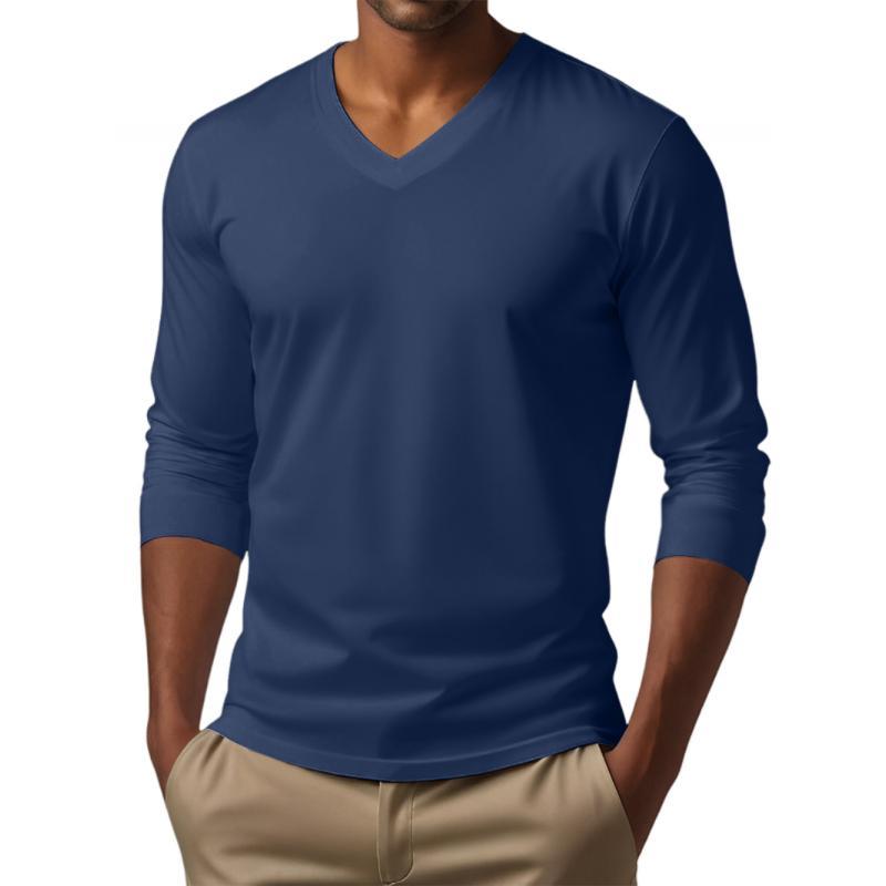 Camiseta informal de manga larga ajustada de algodón mezclado con cuello en V para hombre