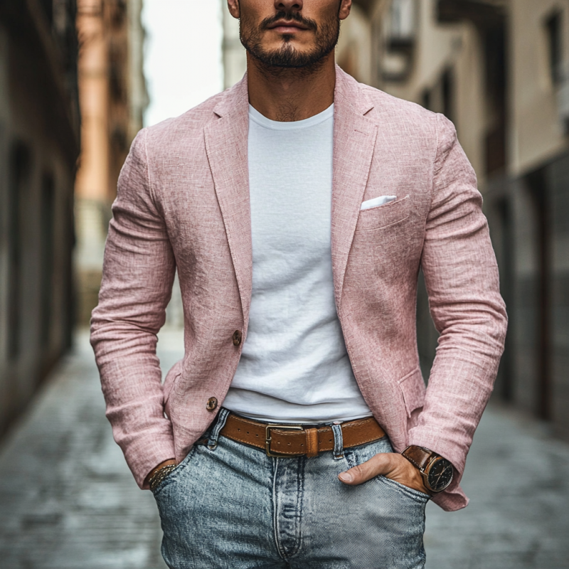 Men's Casual Linen Blended Notched Lapel Single Breasted Slim Fit Blazer