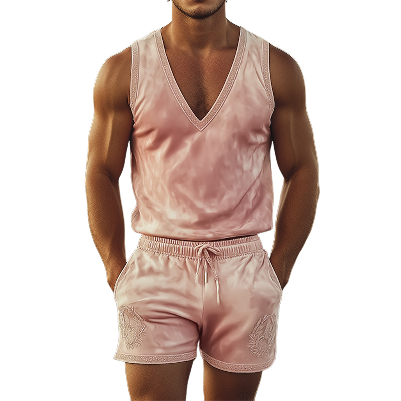 Herren Frühlingsmode Lässiges Set mit tiefem V-Ausschnitt, bestickter Wildlederweste und Shorts in der elastischen Taille