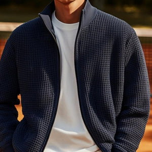 Men's Solid Knitted Waffle Stand Collar Zipper Cardigan