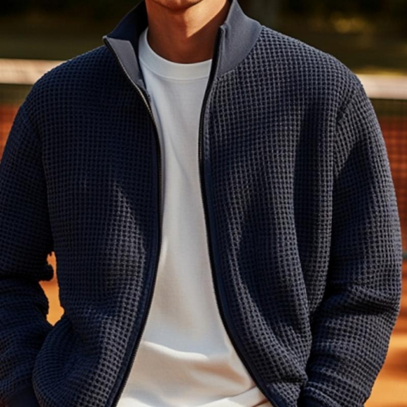 Cárdigan de punto liso con cuello alto y cremallera para hombre