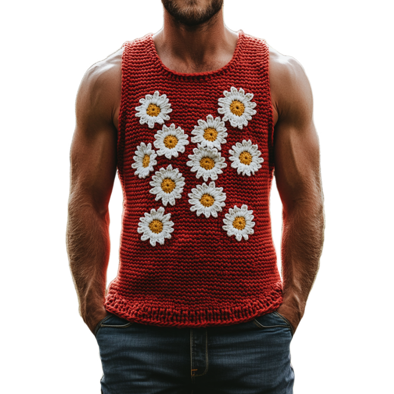 Camiseta de tirantes de punto ajustada con bordado de margaritas y cuello redondo informal para hombre