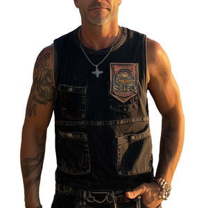 Men's Summer Retro Washed Distressed Denim Embroidered Tank Top