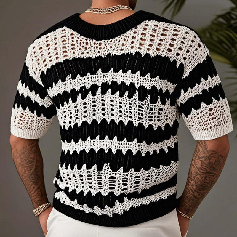 Camiseta de punto con cuello en V y manga corta para hombre en contraste de color