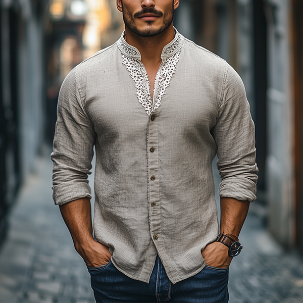 Men's Spring Fashion Stand Collar Lace Splicing Cotton And Linen Long Sleeve Shirt