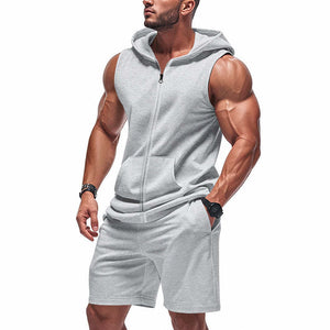 Men's Solid Color Sports Sleeveless Hoody Shorts Two-Piece Set