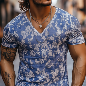 Camiseta informal de manga corta de algodón desgastado con cuello en V y corte ajustado para hombre